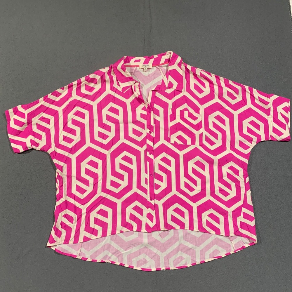 Umgee Button Down Shirt Womens Medium Pink White Geometric High Low Oversized